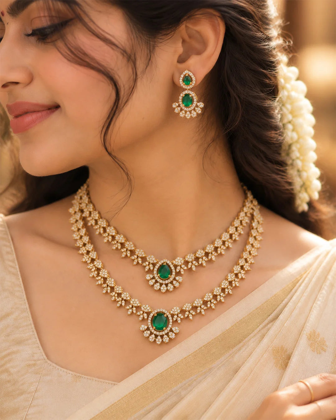 Vanya Emerald Blossom Layered Necklace Set