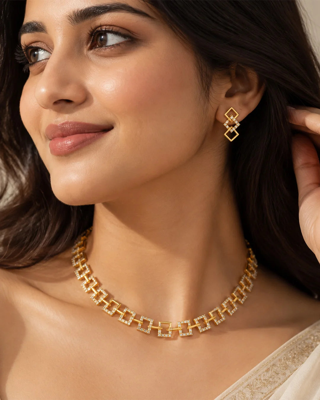 Elara Golden Square Link Crystal Necklace Set