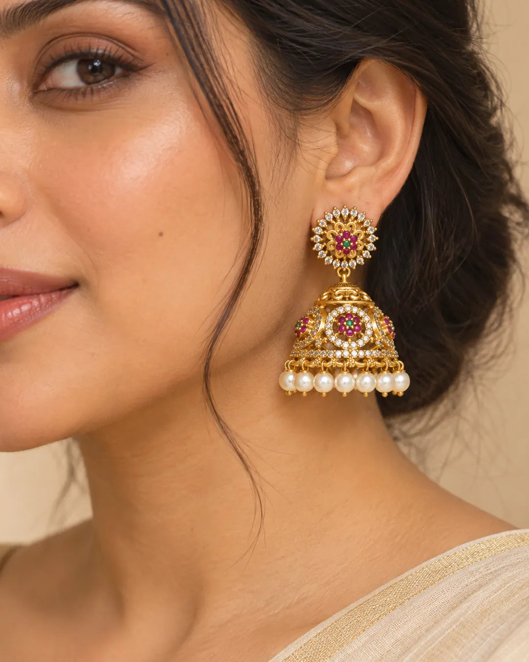 Suhasini Ruby Bloom Pearl Jhumka Earrings