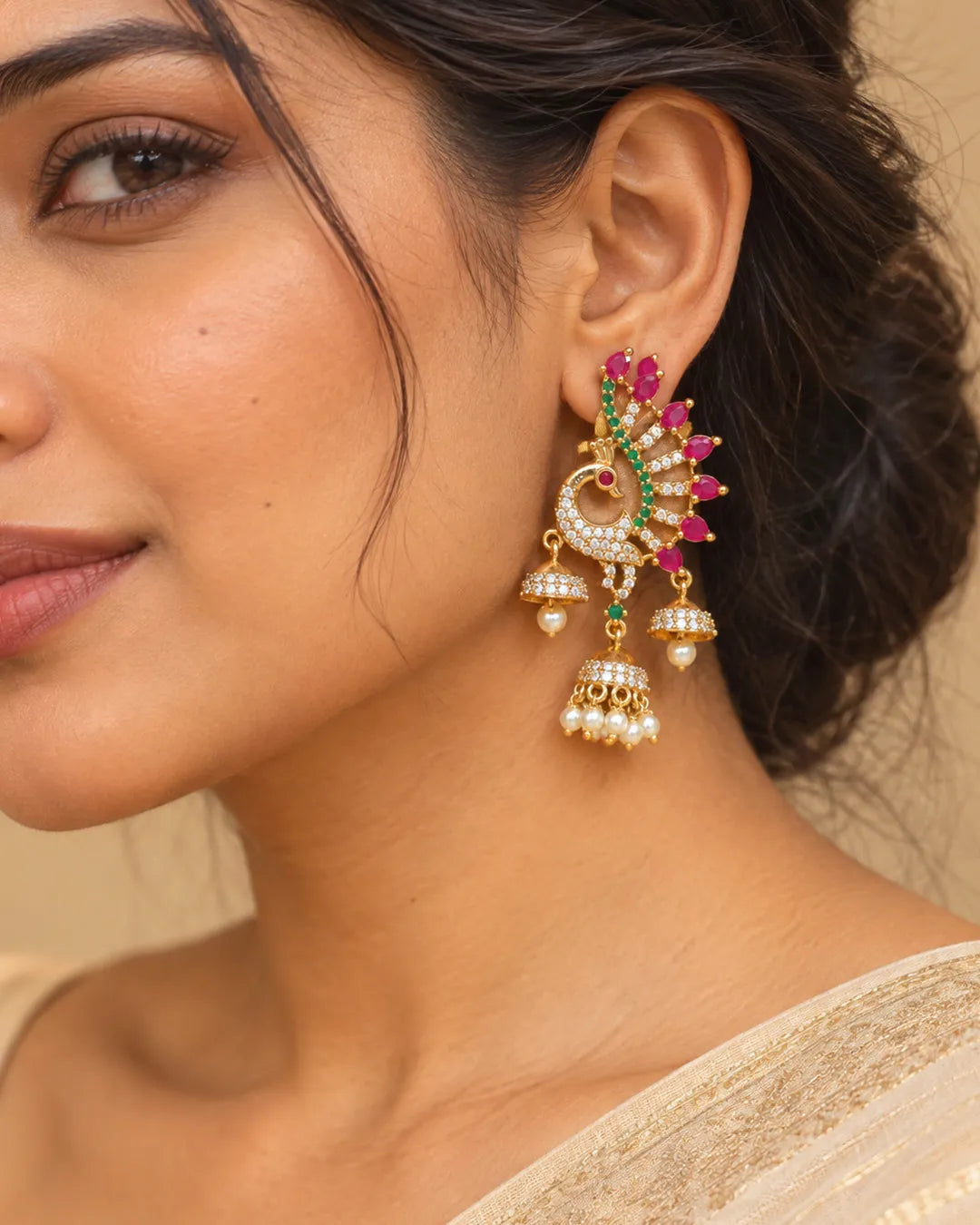 Rajnandini Mayura Triple Jhumka Earrings