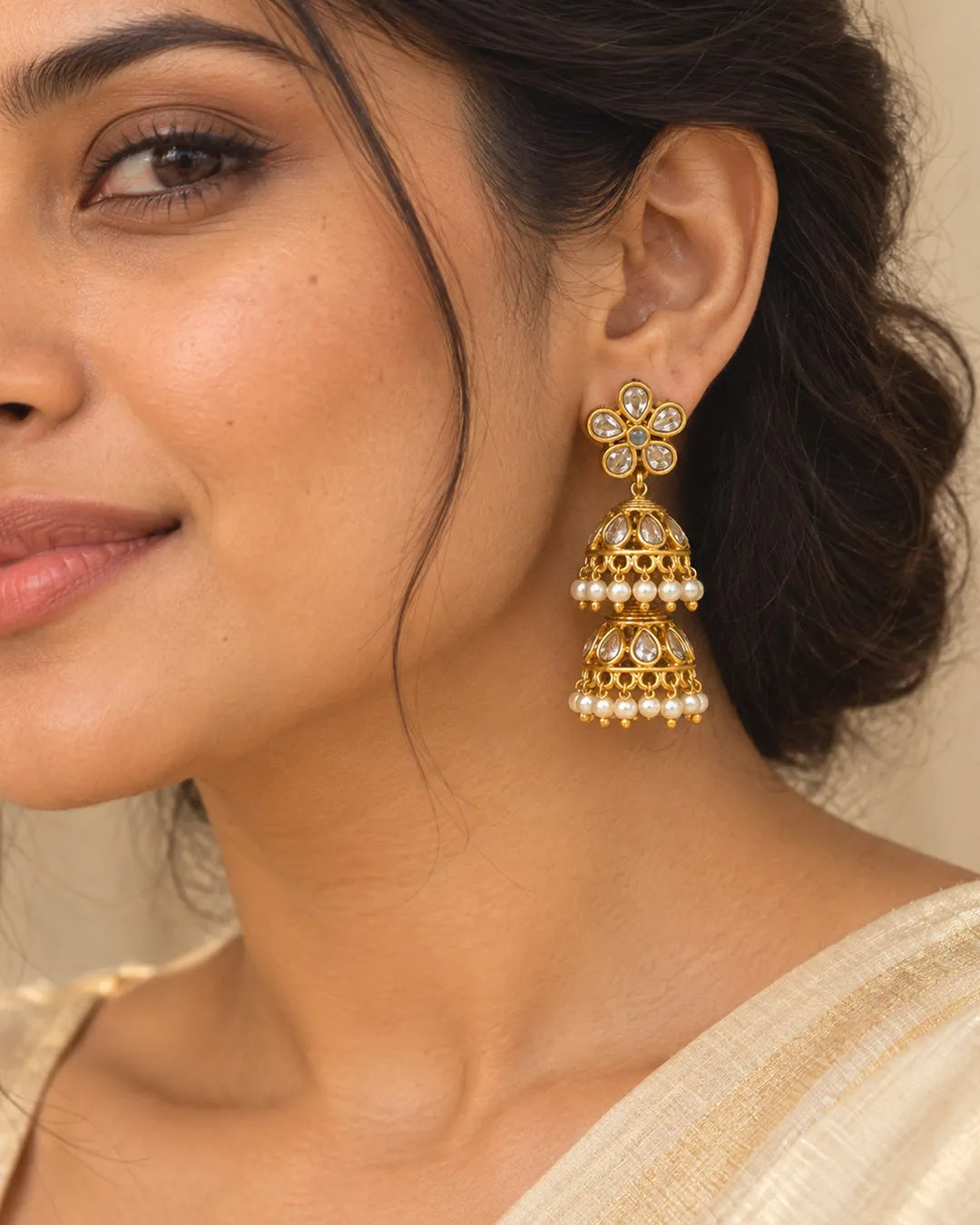 Sharvani Crystal Twin Pearl Jhumka Earrings