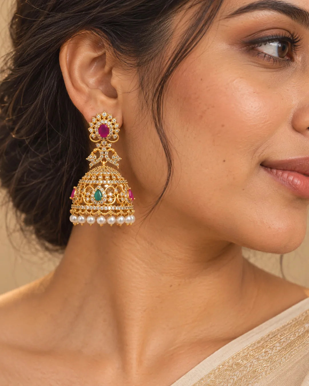 Ishani Ruby Crest Pearl Jhumka Earrings