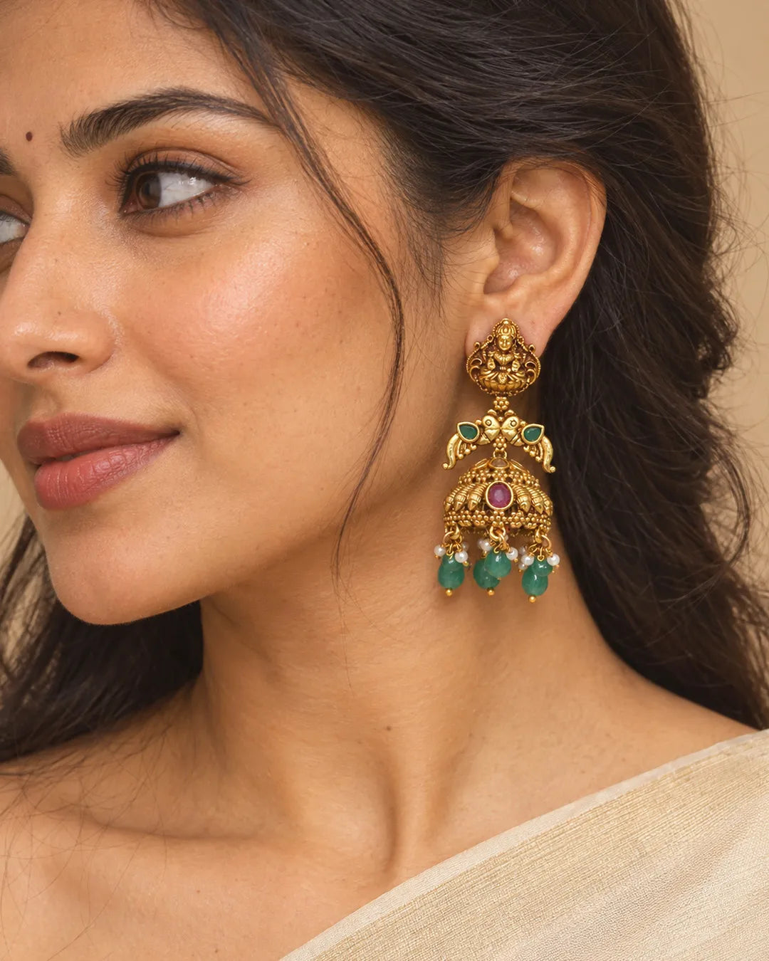 Devangana Lakshmi Emerald Bead Temple Earrings