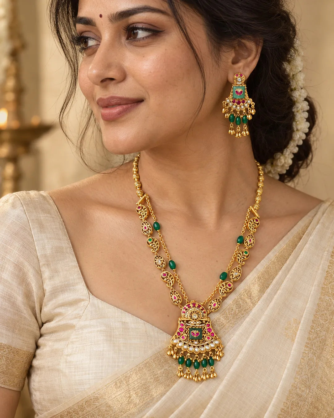 Aadhira Emerald Meenakari Long Necklace Set