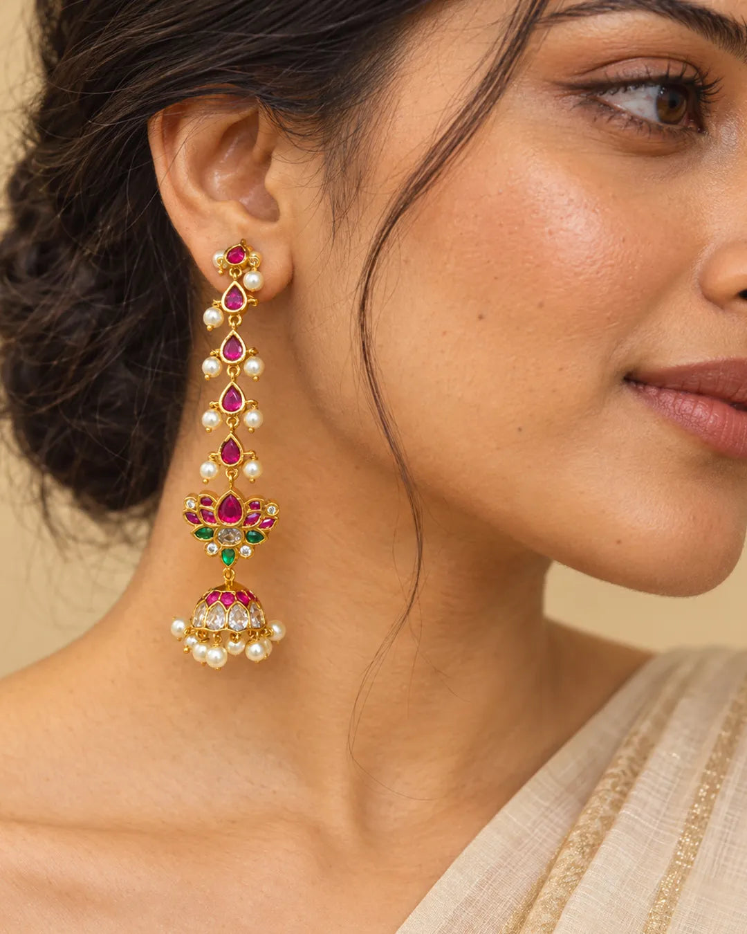 Royal Kempu Pearl Cascade Jhumka Earrings