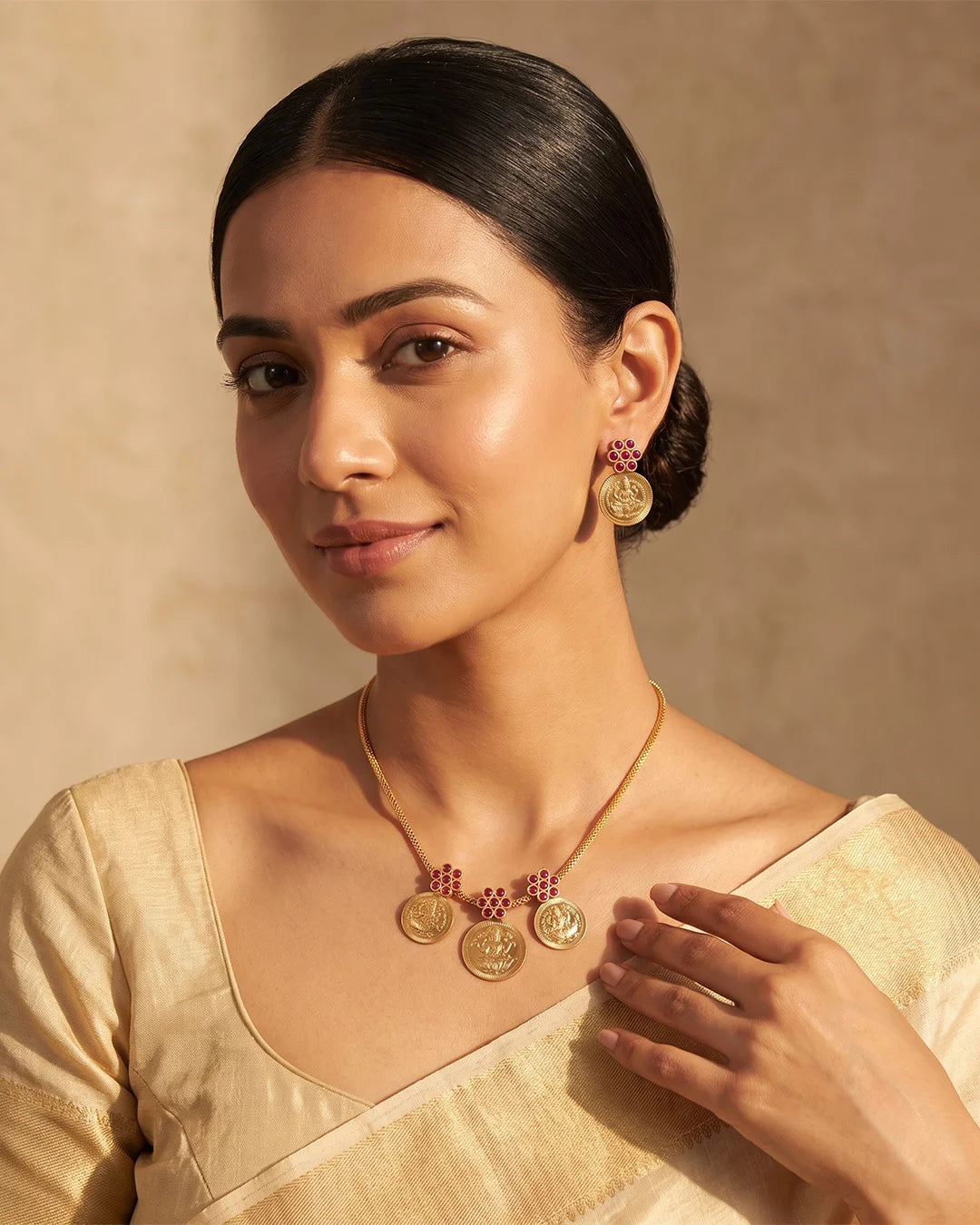 Tanvisha Lakshmi Coin Ruby Bloom Heritage Necklace Set