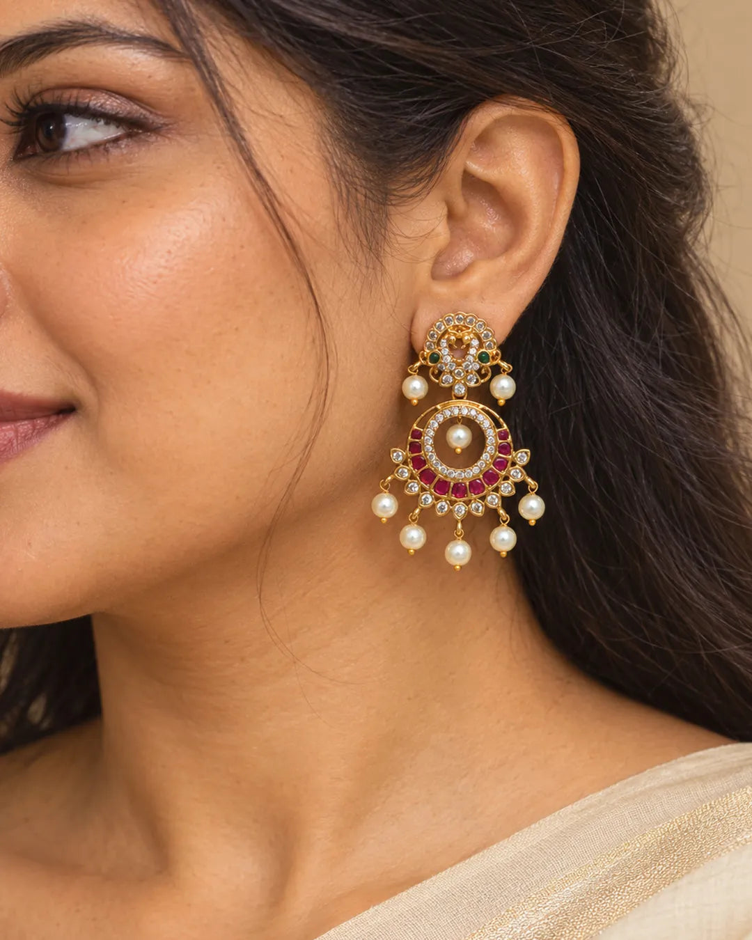 Meher Ruby Halo Pearl Chandbali Earrings