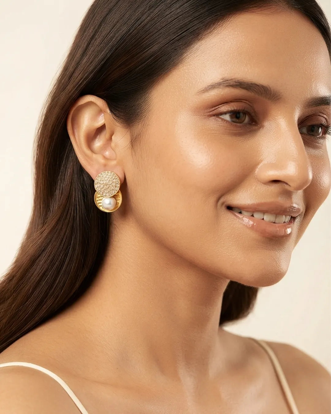 Golden Pearl Duo Stud Earrings