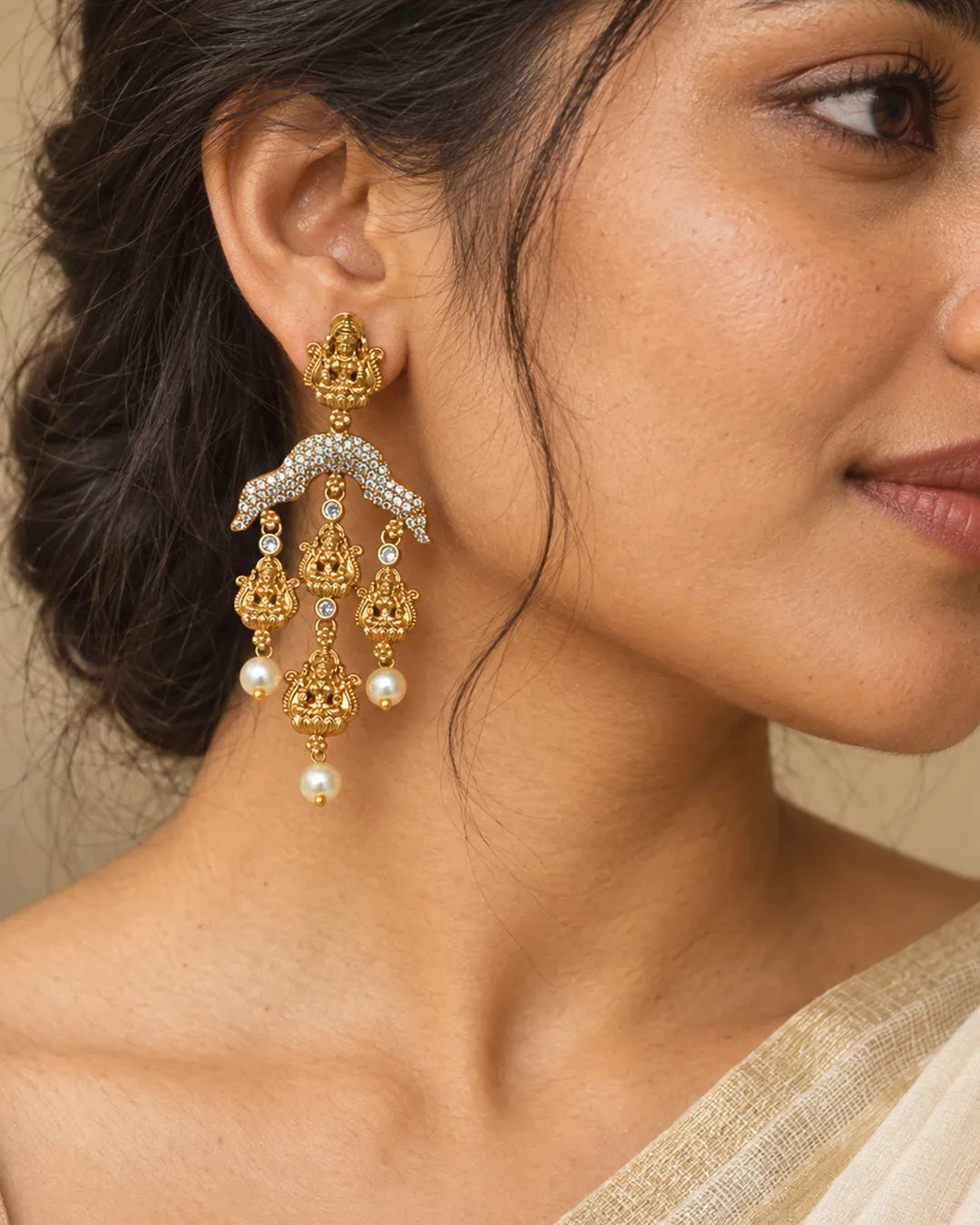 Divyangi Lakshmi Pearl Cascade Temple Earrings