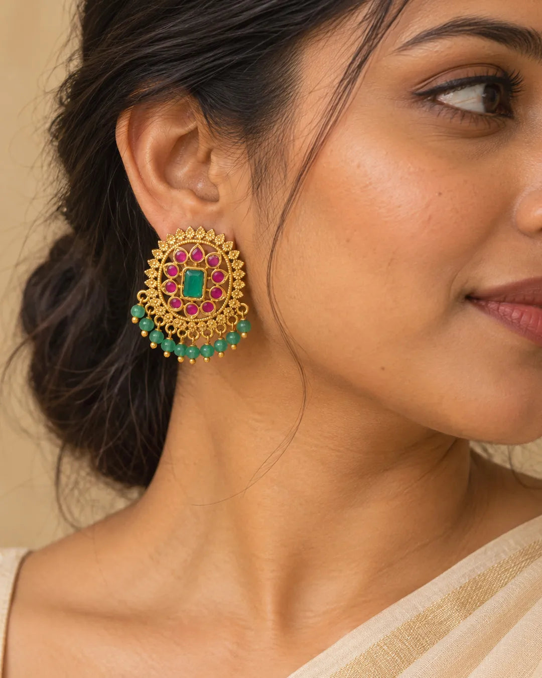 Vaidehi Emerald Ruby Bead Medallion Earrings