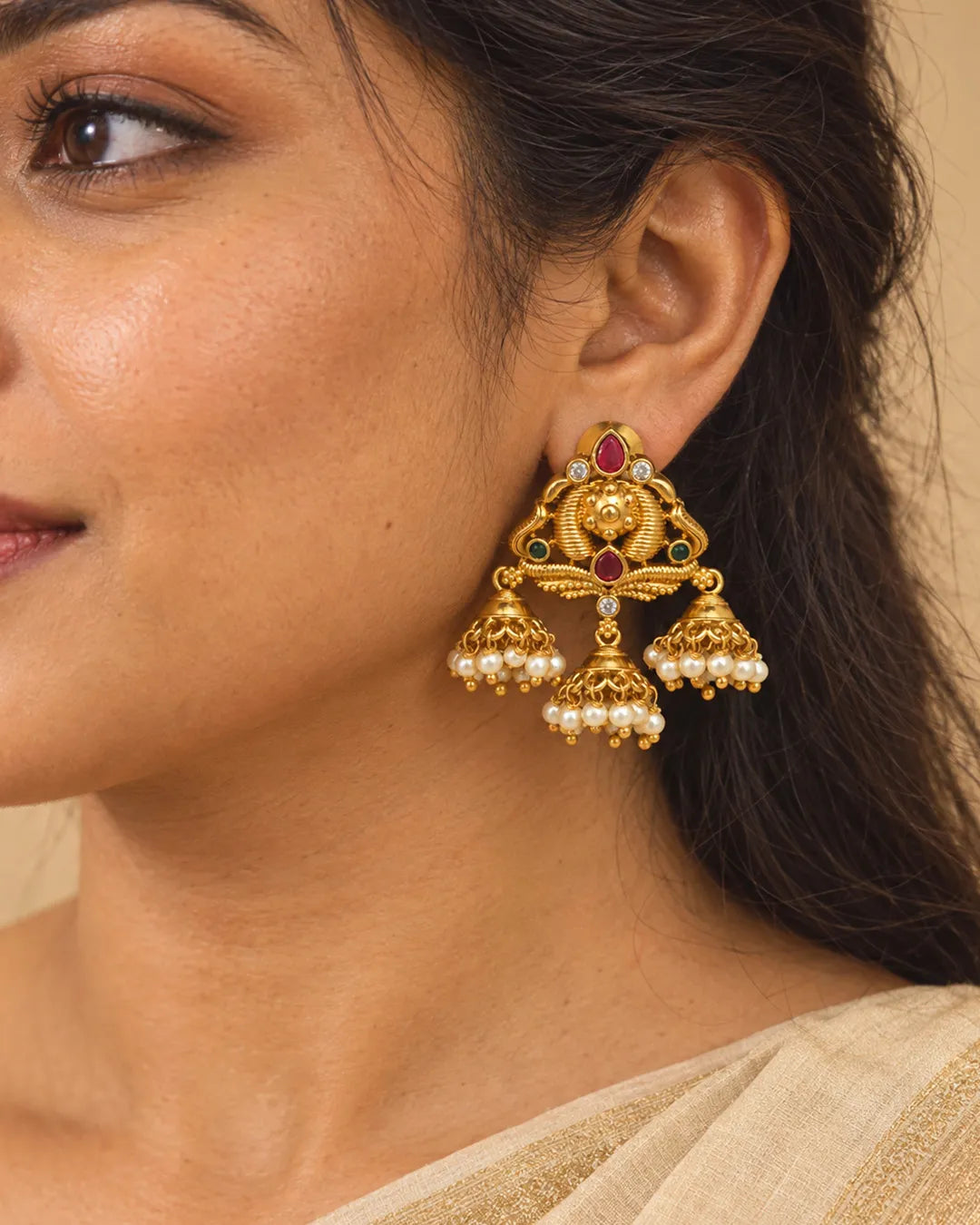 Kalyani Ruby Pearl Triple Jhumka Earrings