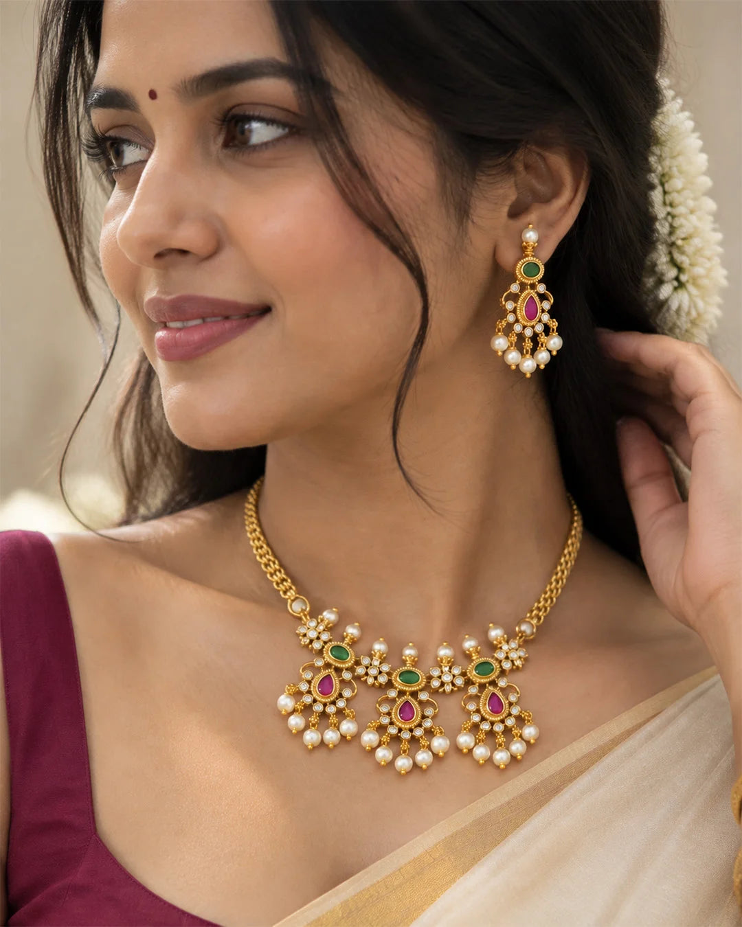 Aadhira Emerald Ruby Pearl Heritage Necklace Set