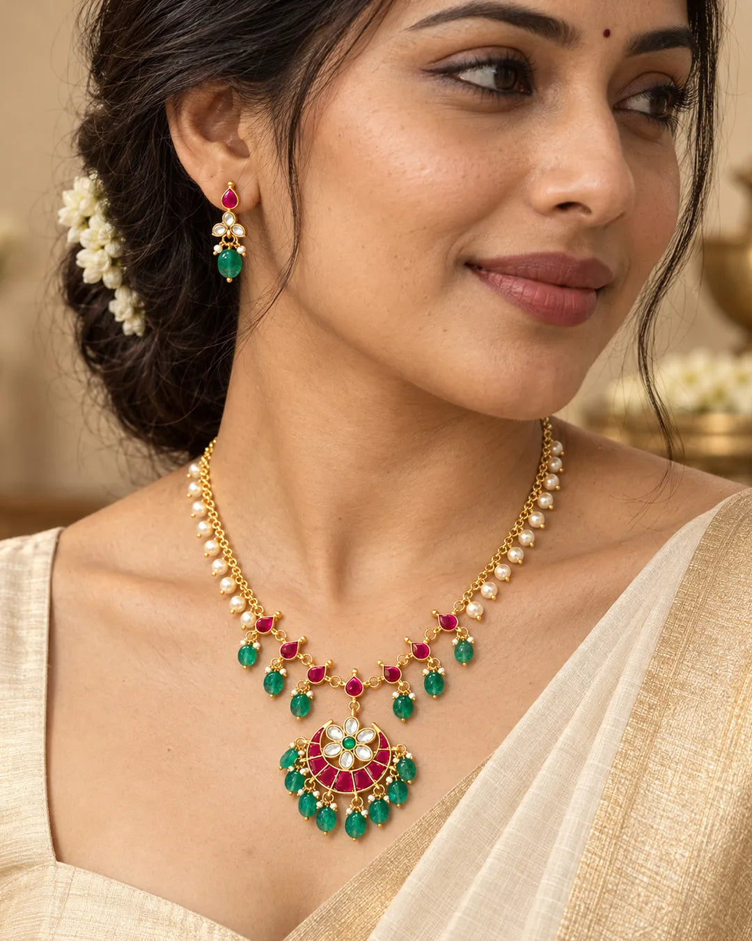 Aaradhya Ruby Emerald Pearl Pendant Set