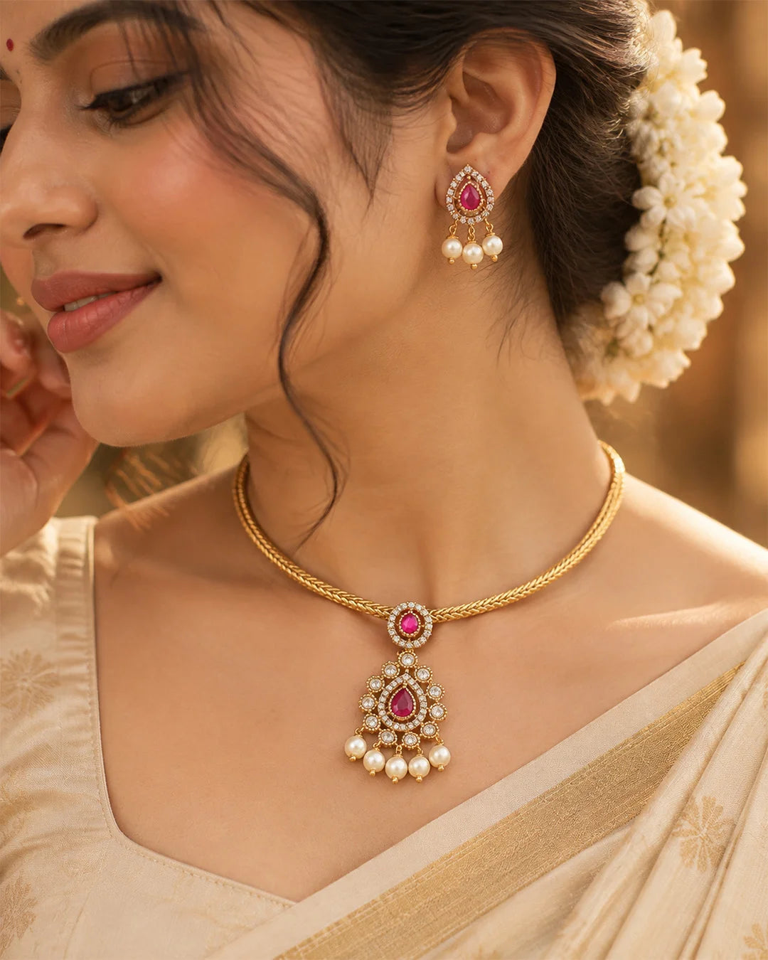 Aarika Ruby Pearl Heritage Pendant Necklace Set