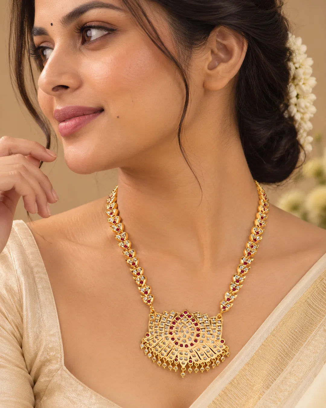 Anvika Ruby Radiance Fan Pendant Necklace