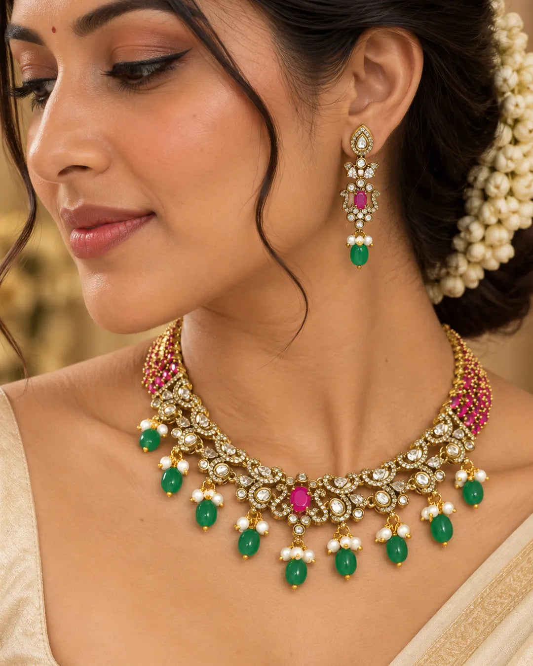 Anvitha Ruby Emerald Pearl Kundan Set