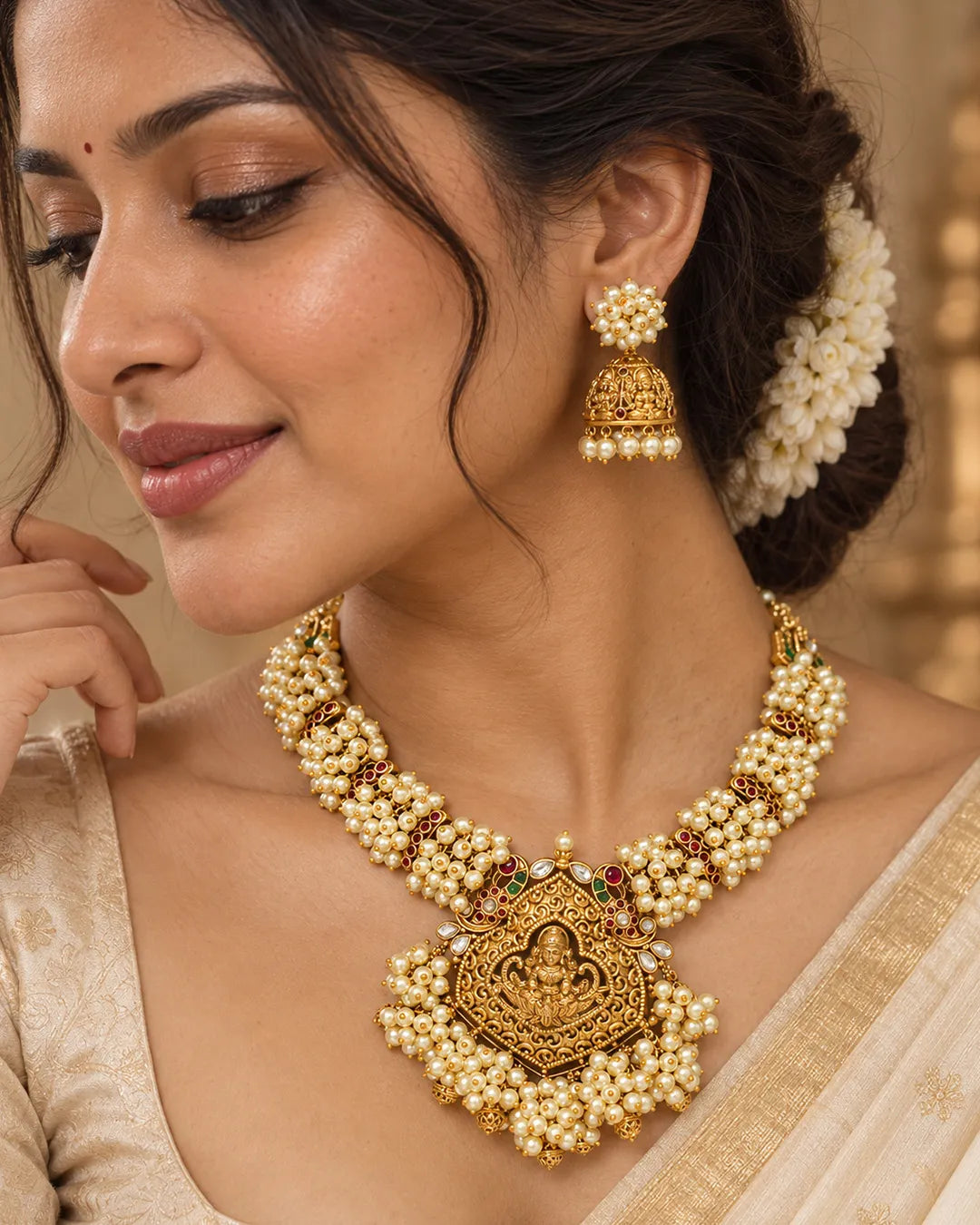 Devika Lakshmi Pearl Temple Necklace Set