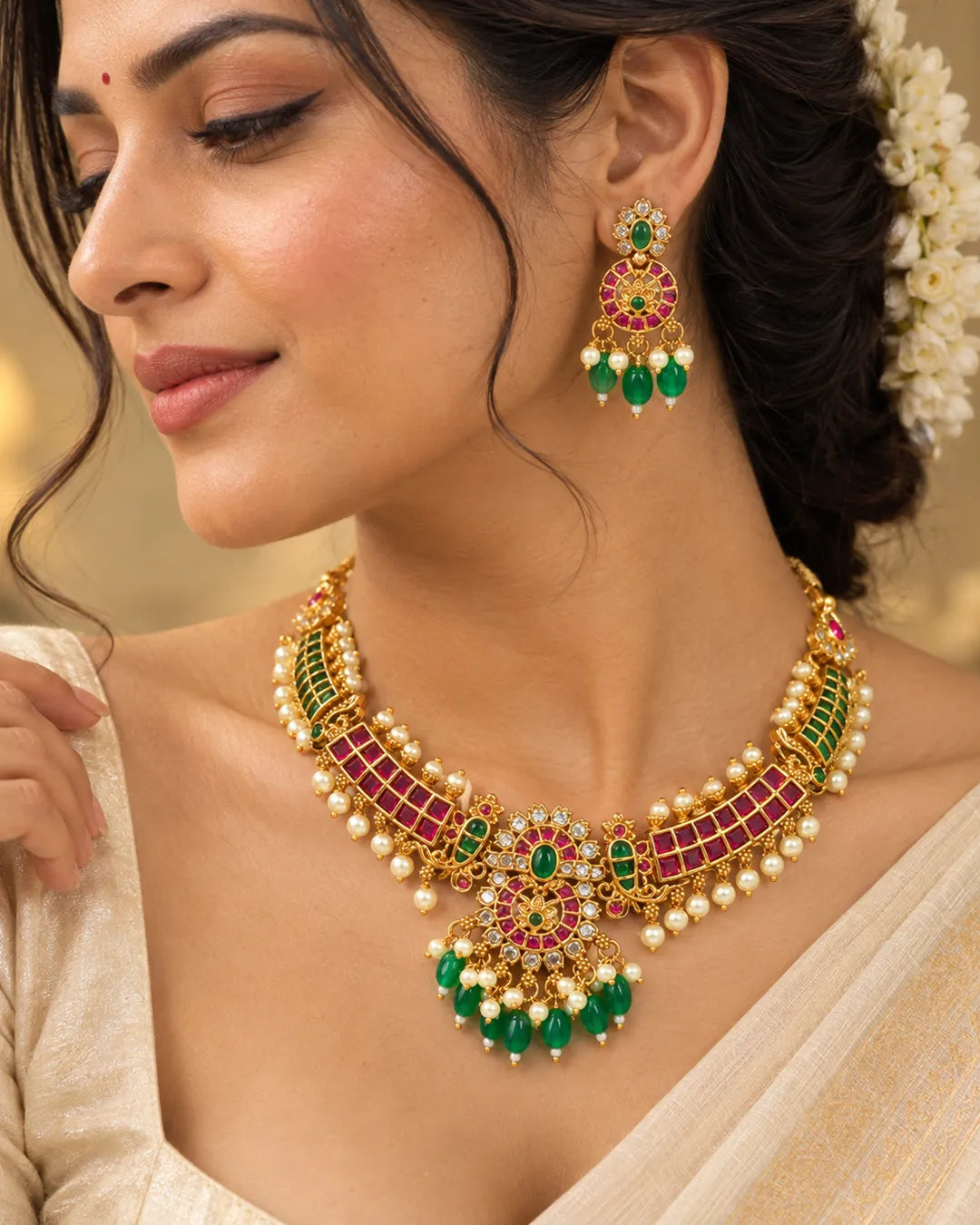 Devika Ruby Emerald Pearl Pendant Set