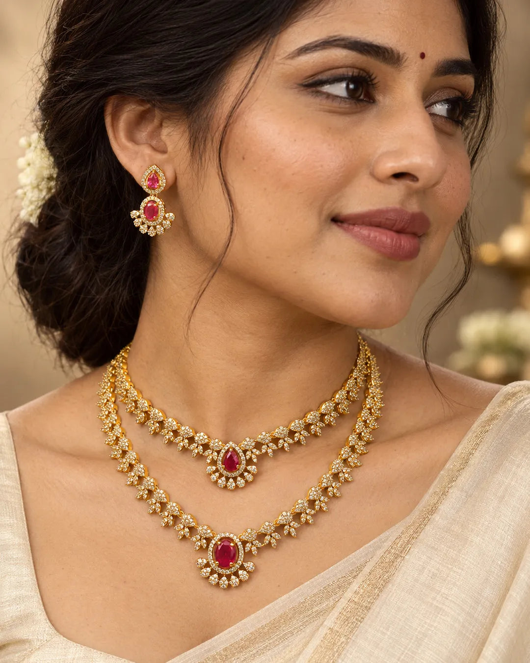 Gulnaar Pink Crystal Layered Necklace Set
