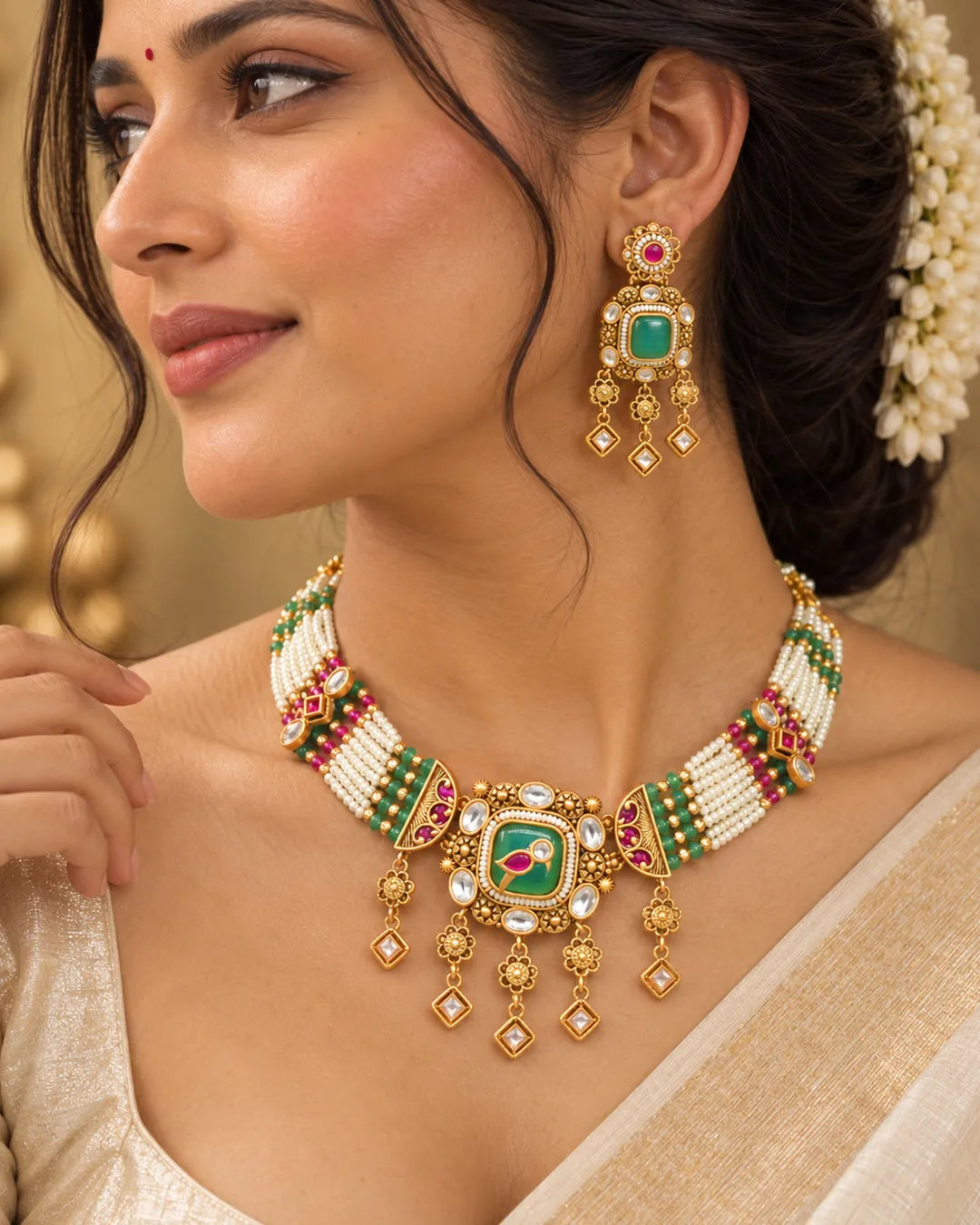 Iraja Emerald Pearl Meenakari Choker Set
