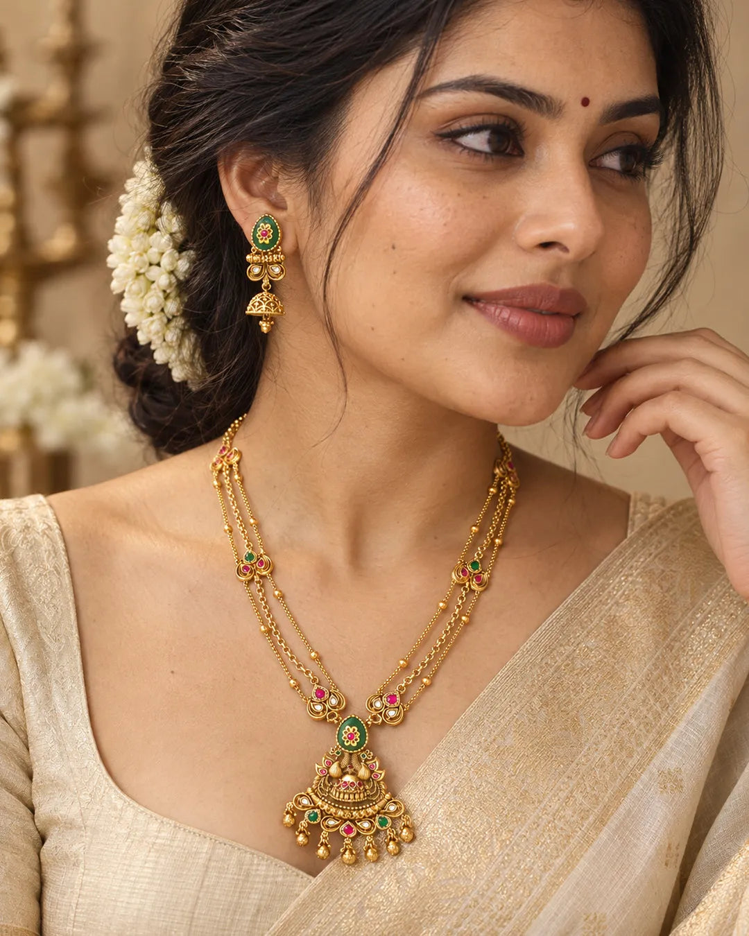 Ishani Peacock Emerald Long Necklace Set