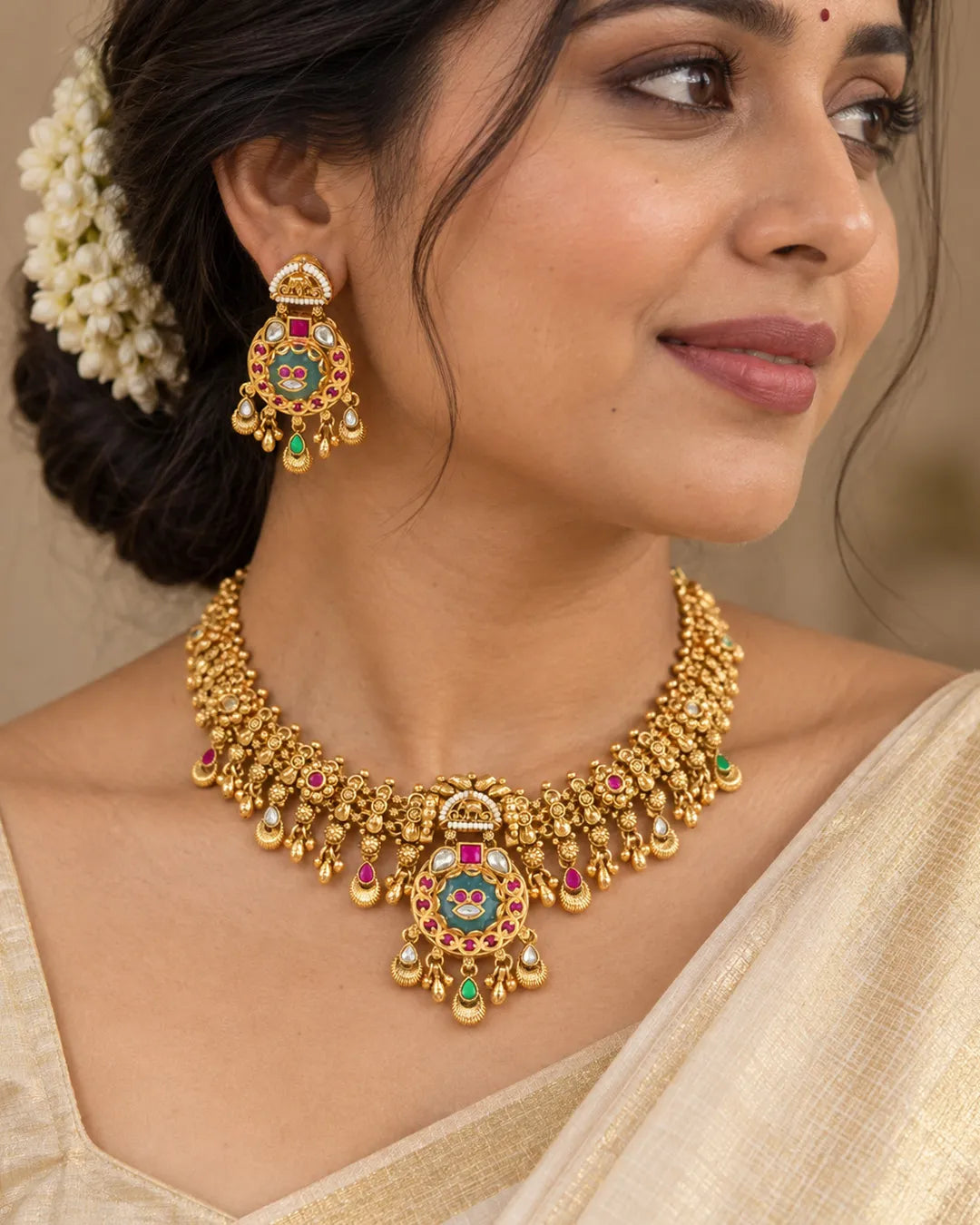 Mayura Emerald Meenakari Bridal Necklace Set