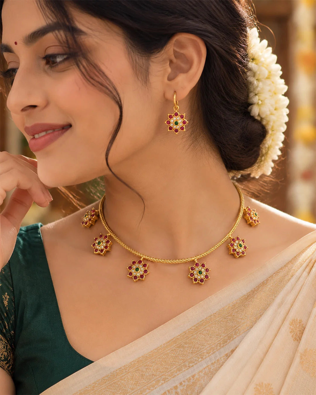Mehar Ruby Floral Heritage Necklace Set