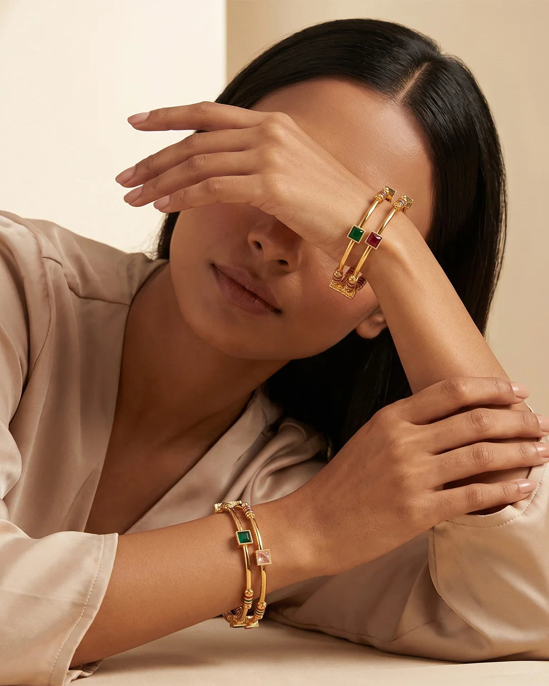 Multicolor Gem Accent Gold Bangles