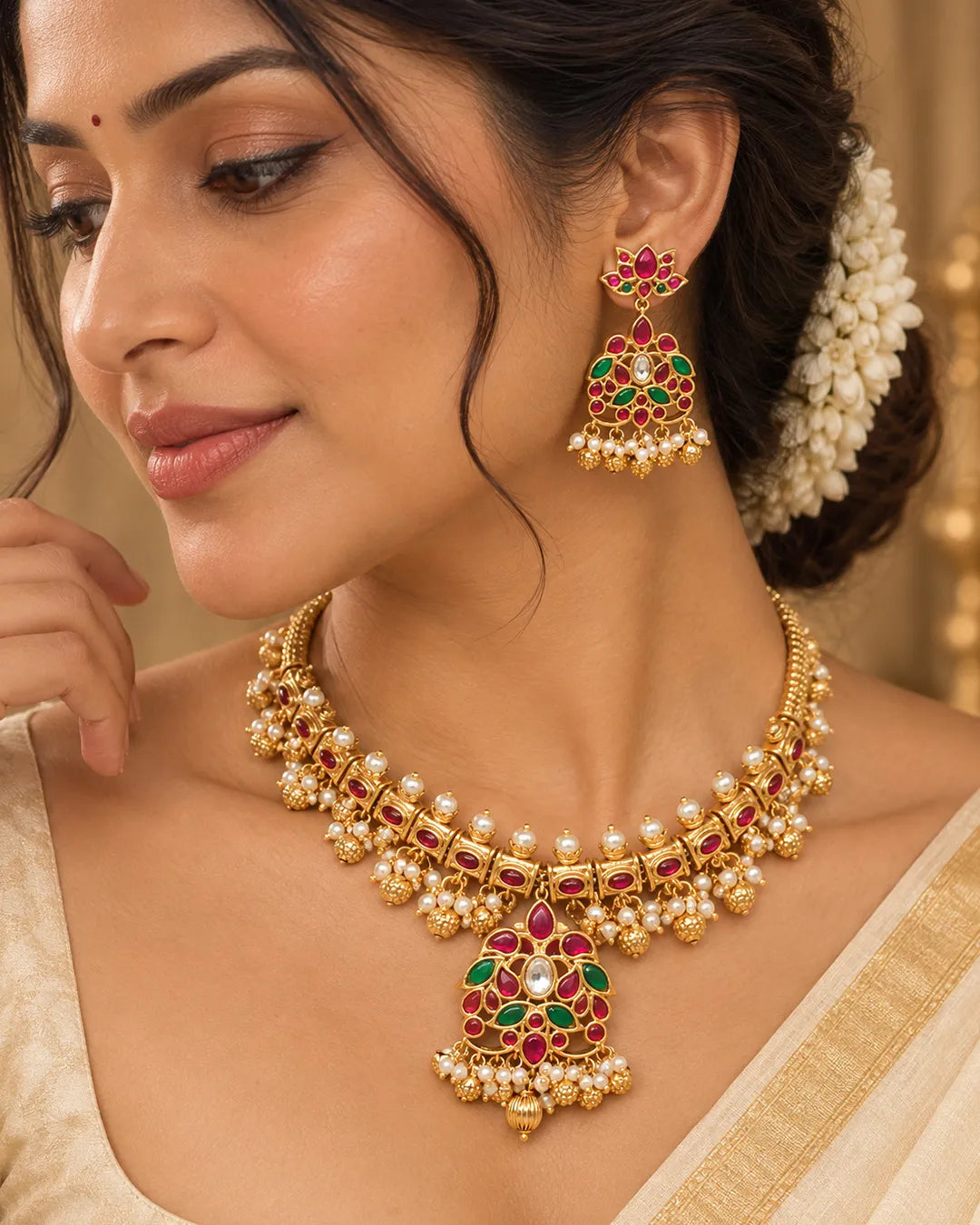 Padmavati Ruby Emerald Pearl Choker Set