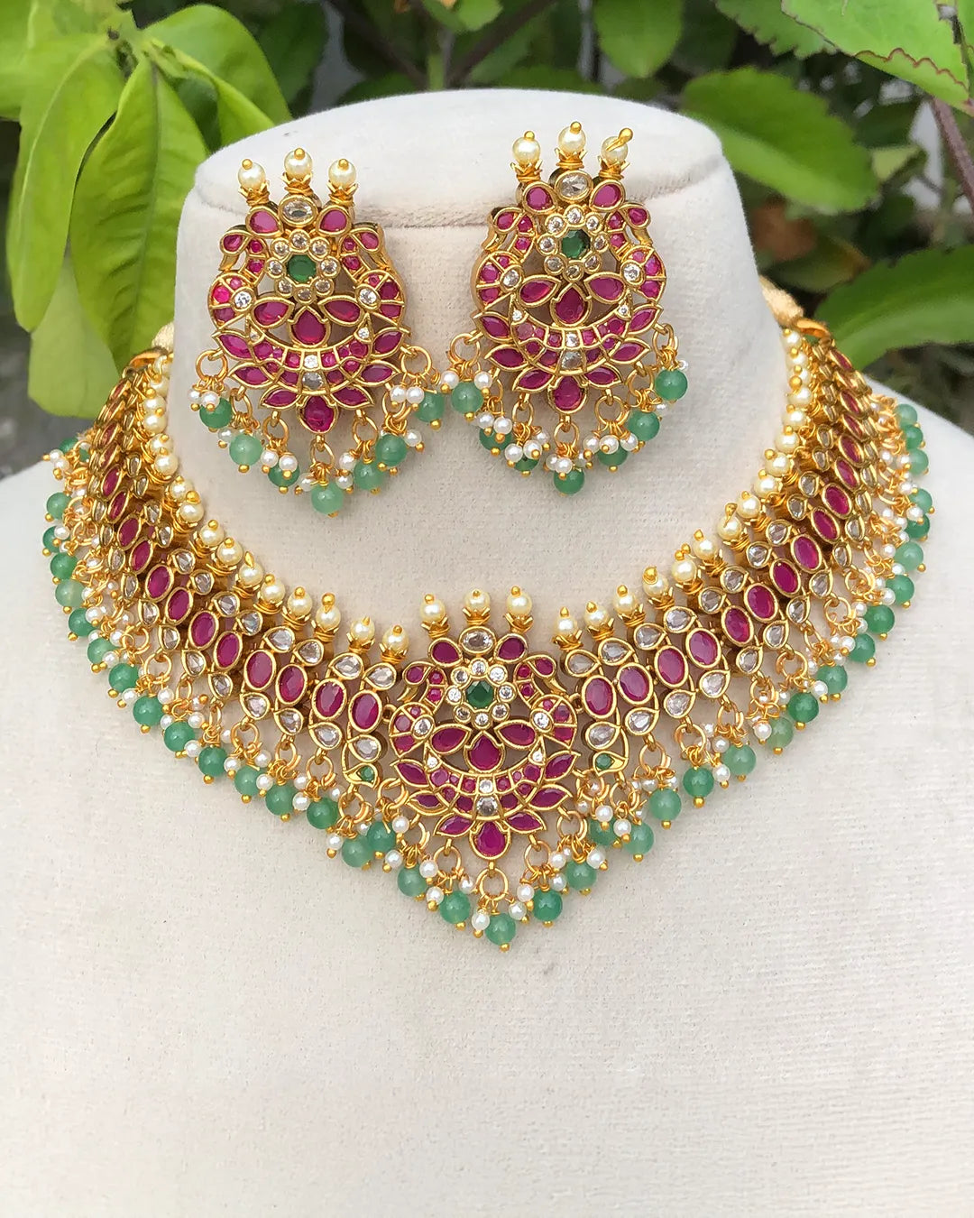 Ruby Green Choker Necklace Set