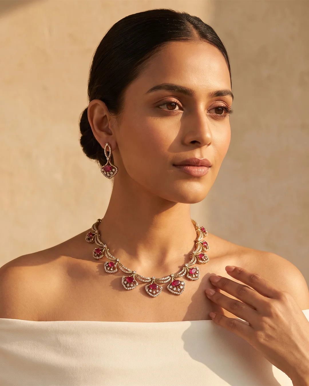 Rivanya Ruby Crescent Bloom Heritage Necklace Set