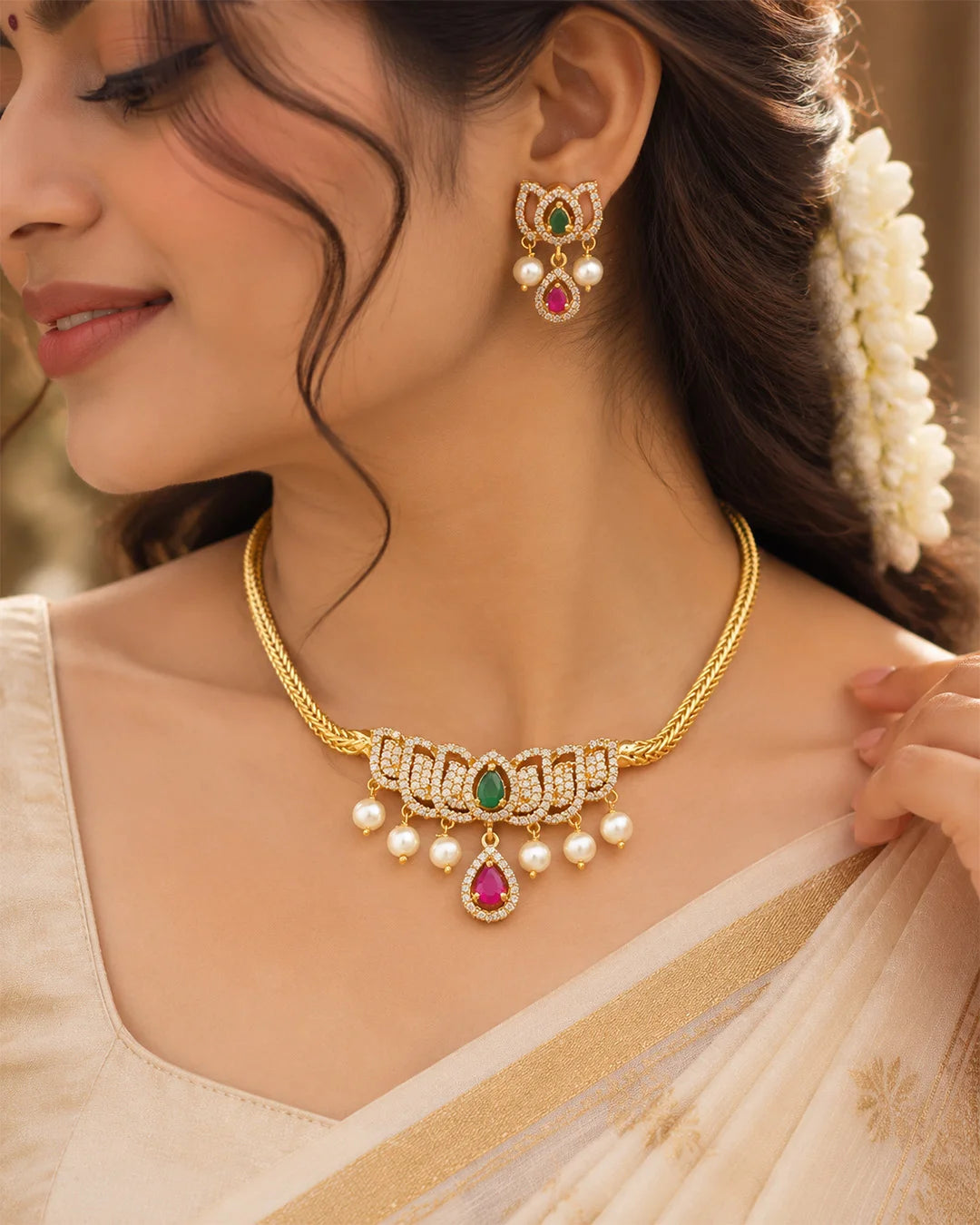 Riyana Emerald Ruby Pearl Cascade Necklace Set