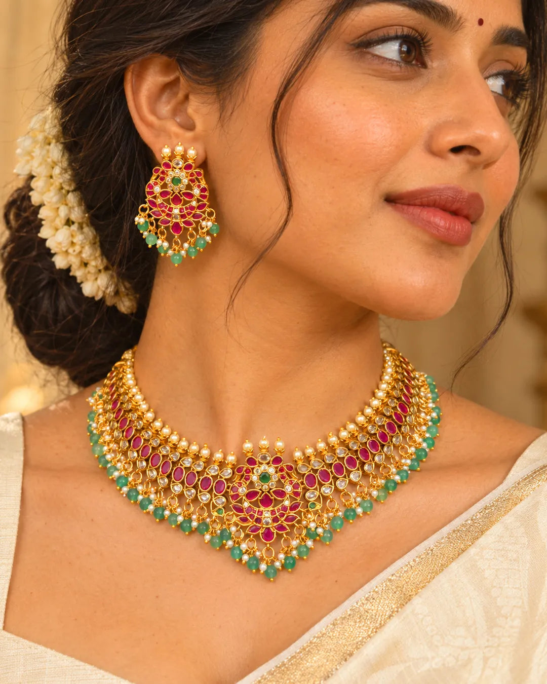 Ruby Green Choker Necklace Set