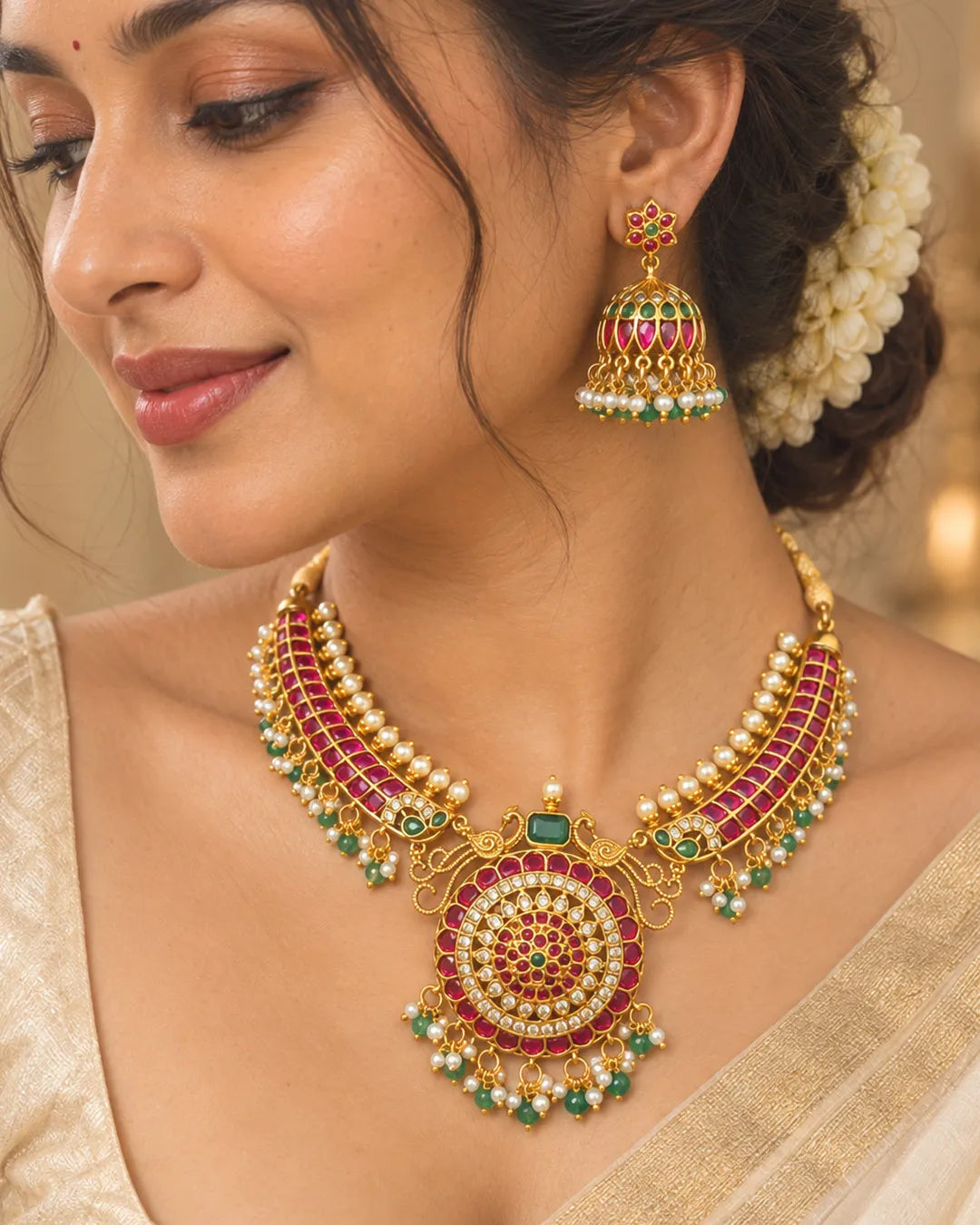 Ruby Green Pendant Necklace Set