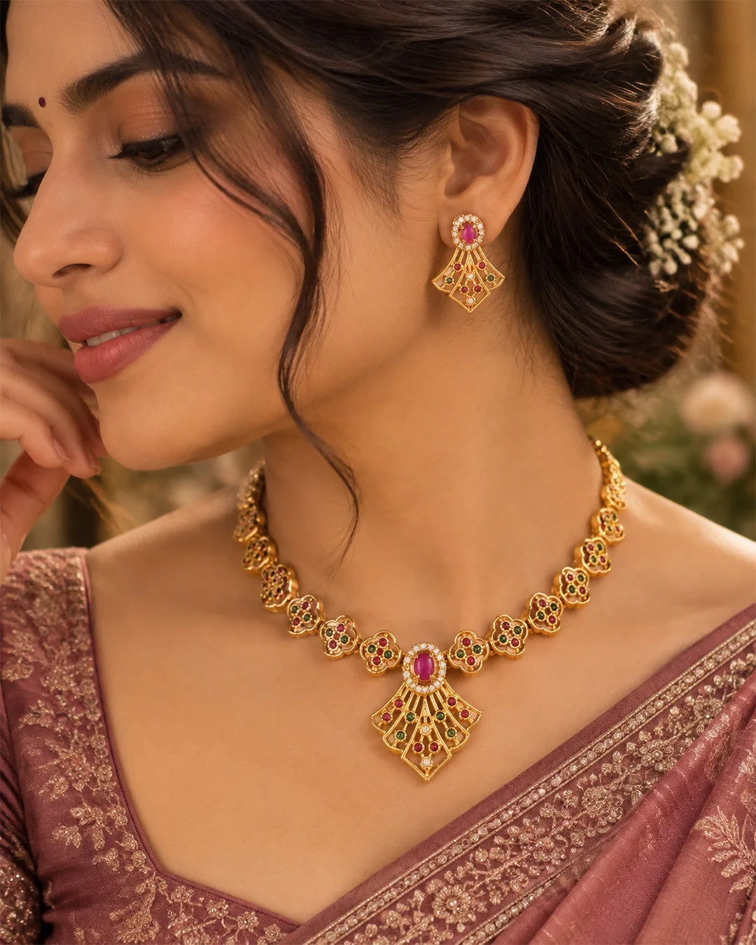 Saanvi Ruby Emerald Floral Pendant Necklace Set