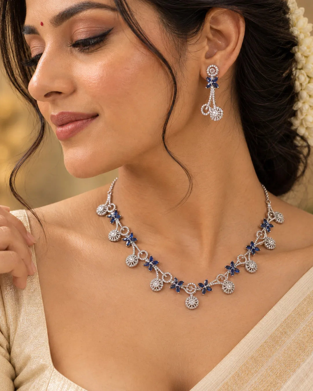 Sapphire Bloom Diamond Floral Necklace Set