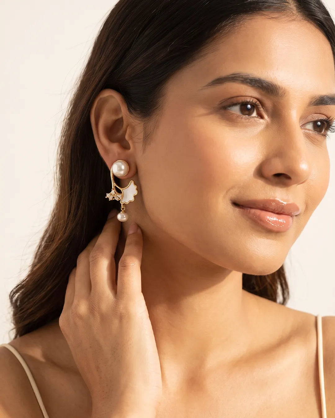 Silver Pearl & Leaf Drop Earrings
