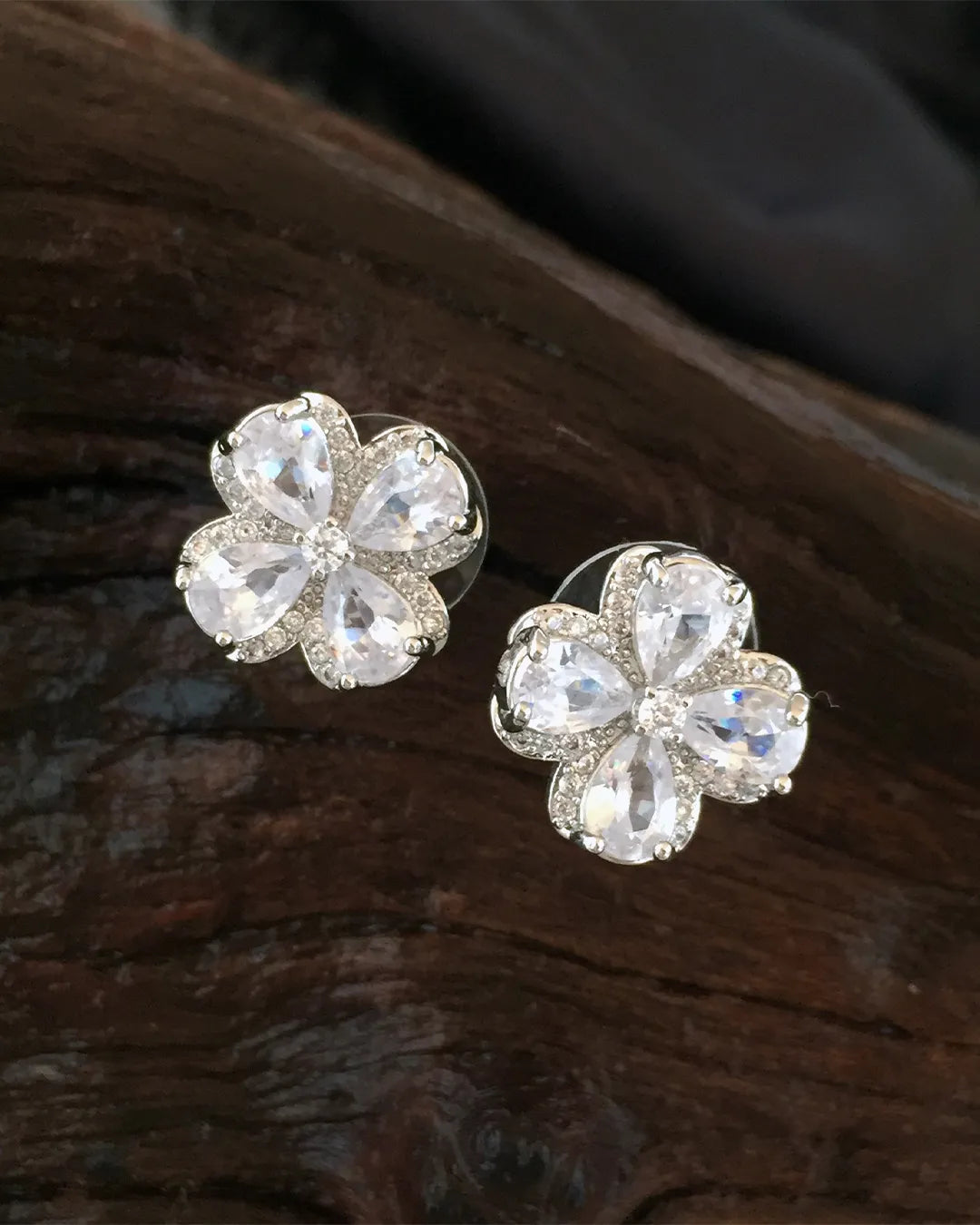 Silver Sparkling Flower Stud Earrings