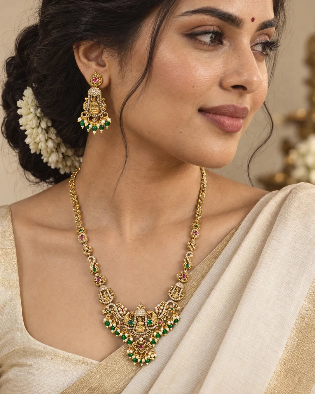 Vasudha Lakshmi Ruby Emerald Long Necklace Set