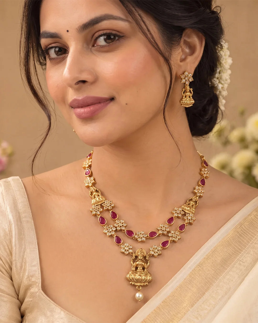 Vedhika Ruby Lakshmi Temple Heritage Necklace Set