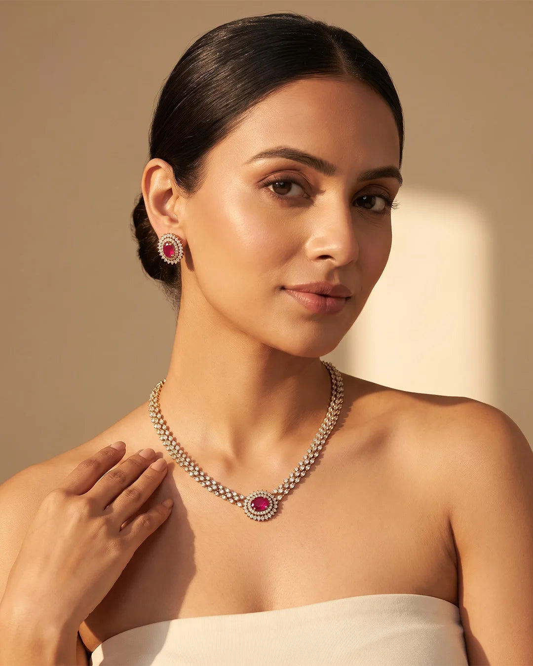 Velmira Ruby Halo Crystal Necklace Set