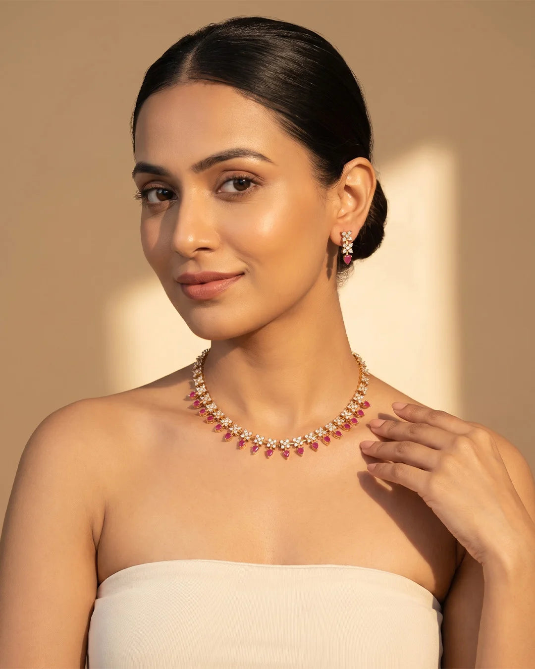 Yuvika Ruby Blossom Crystal Heritage Necklace Set